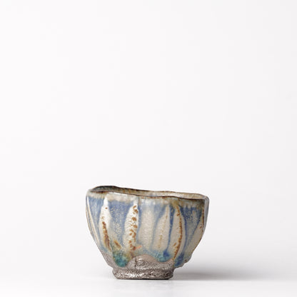 Nobuhito Nakaoka Colored Ash Glaze Guinomi Sake Cup with Silver Gold